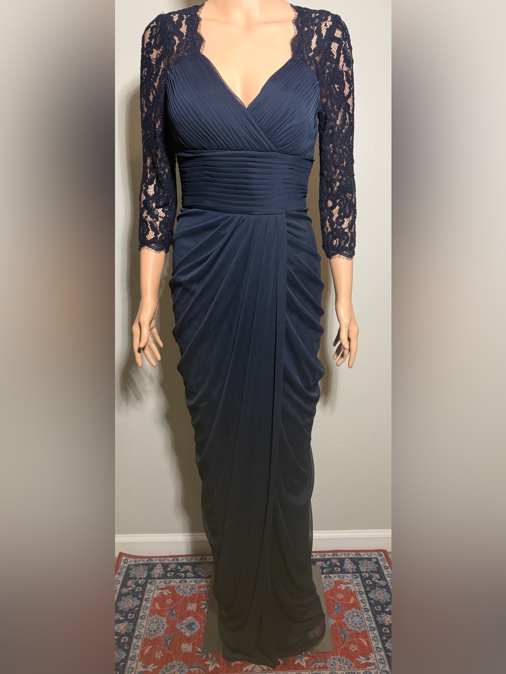 Adrianna Papell Navy Lace-Trim Ruched V-Neck Maxi Dress